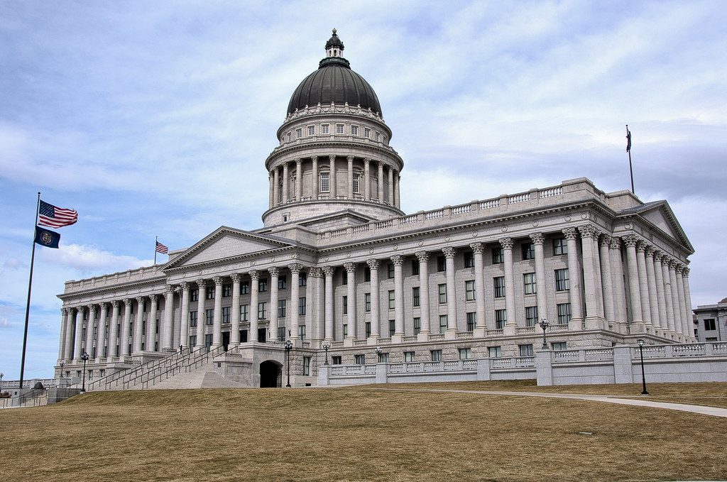 The Utah State Capitol in Salt Lake City, a domed granite building with a long colonnade